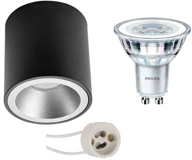 Opbouwspot Set - Pragmi Cliron Pro - GU10 Fitting - Opbouw Rond - Mat Zwart/Zilver - Verdiept - Ø90mm - Philips