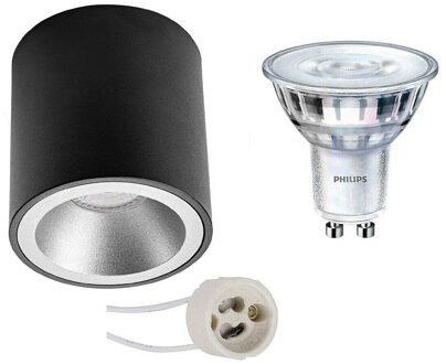 Opbouwspot Set - Pragmi Cliron Pro - Gu10 Fitting - Opbouw Rond - Mat Zwart/zilver - Verdiept - Ø90mm - Philips