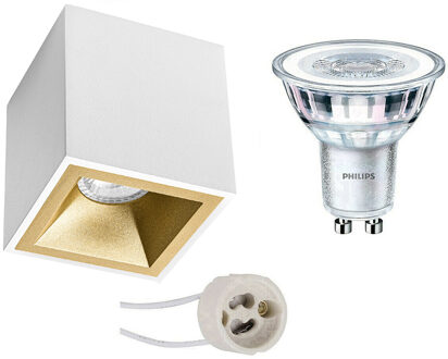 Opbouwspot Set - Pragmi Cliron Pro - GU10 Fitting - Opbouw Vierkant - Mat Wit/Goud - Verdiept - 90mm - Philips - CorePro Goudkleurig