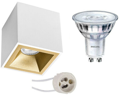 Opbouwspot Set - Pragmi Cliron Pro - Gu10 Fitting - Opbouw Vierkant - Mat Wit/goud - Verdiept - 90mm - Philips - Goudkleurig