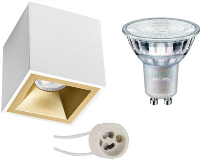 Opbouwspot Set - Pragmi Cliron Pro - GU10 Fitting - Opbouw Vierkant - Mat Wit/Goud - Verdiept - 90mm - Philips - MASTER Goudkleurig