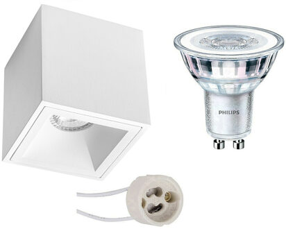 Opbouwspot Set - Pragmi Cliron Pro - GU10 Fitting - Opbouw Vierkant - Mat Wit - Verdiept - 90mm - Philips - CorePro 827