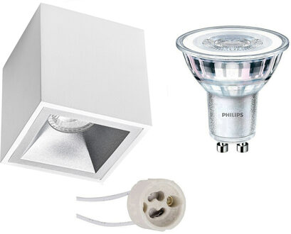 Opbouwspot Set - Pragmi Cliron Pro - GU10 Fitting - Opbouw Vierkant - Mat Wit/Zilver - Verdiept - 90mm - Philips - Zilverkleurig