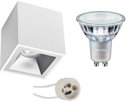 Opbouwspot Set - Pragmi Cliron Pro - GU10 Fitting - Opbouw Vierkant - Mat Wit/Zilver - Verdiept - 90mm - Philips - Zilverkleurig