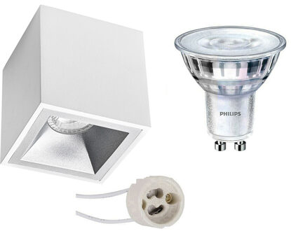 Opbouwspot Set - Pragmi Cliron Pro - Gu10 Fitting - Opbouw Vierkant - Mat Wit/zilver - Verdiept - 90mm - Philips - Zilverkleurig