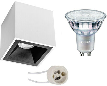 Opbouwspot Set - Pragmi Cliron Pro - GU10 Fitting - Opbouw Vierkant - Mat Wit/Zwart - Verdiept - 90mm - Philips - MASTER