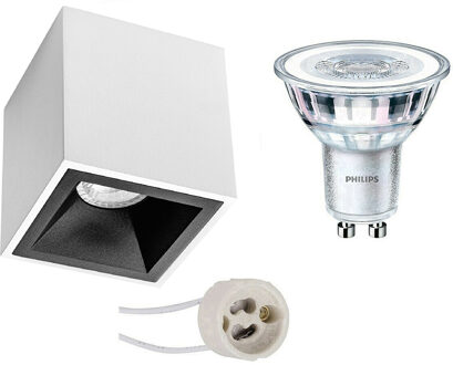 Opbouwspot Set - Pragmi Cliron Pro - GU10 Fitting - Opbouw Vierkant - Mat Wit/Zwart - Verdiept - 90mm - Philips