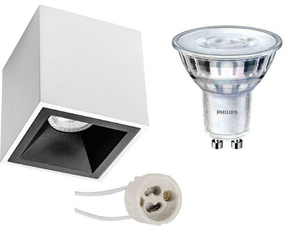 Opbouwspot Set - Pragmi Cliron Pro - Gu10 Fitting - Opbouw Vierkant - Mat Wit/zwart - Verdiept - 90mm - Philips