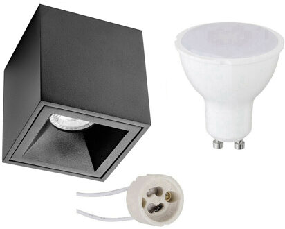 Opbouwspot Set - Pragmi Cliron Pro - GU10 Fitting - Opbouw Vierkant - Mat Zwart - 4W - Warm Wit 3000K - Verdiept - 90mm