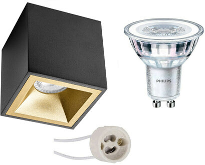 Opbouwspot Set - Pragmi Cliron Pro - GU10 Fitting - Opbouw Vierkant - Mat Zwart/Goud - Verdiept - 90mm - Philips