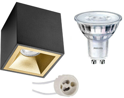 Opbouwspot Set - Pragmi Cliron Pro - Gu10 Fitting - Opbouw Vierkant - Mat Zwart/goud - Verdiept - 90mm - Philips