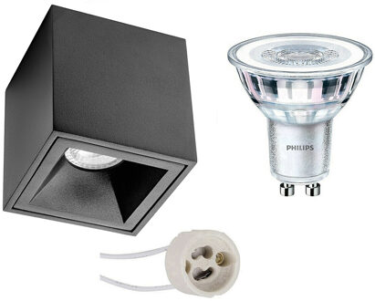 Opbouwspot Set - Pragmi Cliron Pro - GU10 Fitting - Opbouw Vierkant - Mat Zwart - Verdiept - 90mm - Philips - CorePro