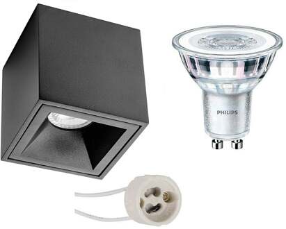 Opbouwspot Set - Pragmi Cliron Pro - GU10 Fitting - Opbouw Vierkant - Mat Zwart - Verdiept - 90mm - Philips - CorePro
