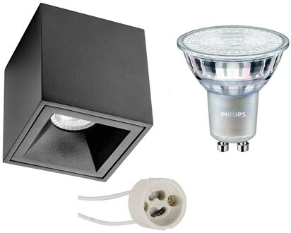 Opbouwspot Set - Pragmi Cliron Pro - GU10 Fitting - Opbouw Vierkant - Mat Zwart - Verdiept - 90mm - Philips - MASTER 927