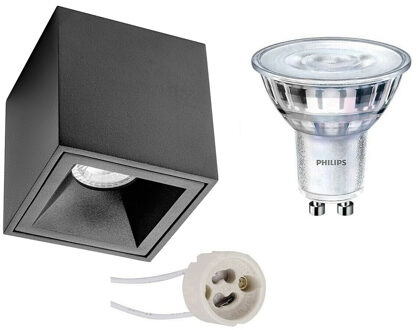 Opbouwspot Set - Pragmi Cliron Pro - Gu10 Fitting - Opbouw Vierkant - Mat Zwart - Verdiept - 90mm - Philips