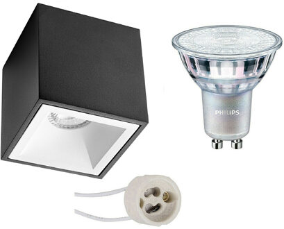 Opbouwspot Set - Pragmi Cliron Pro - GU10 Fitting - Opbouw Vierkant - Mat Zwart/Wit - Verdiept - 90mm - Philips - MASTER