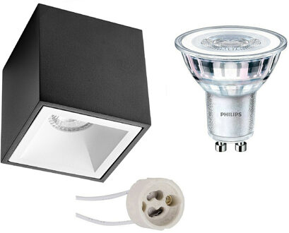 Opbouwspot Set - Pragmi Cliron Pro - GU10 Fitting - Opbouw Vierkant - Mat Zwart/Wit - Verdiept - 90mm - Philips