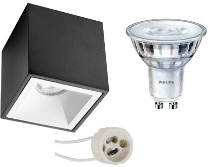 Opbouwspot Set - Pragmi Cliron Pro - Gu10 Fitting - Opbouw Vierkant - Mat Zwart/wit - Verdiept - 90mm - Philips