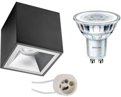 Opbouwspot Set - Pragmi Cliron Pro - GU10 Fitting - Opbouw Vierkant - Mat Zwart/Zilver - Verdiept - 90mm - Philips