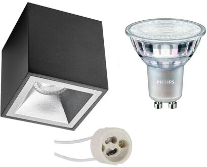 Opbouwspot Set - Pragmi Cliron Pro - GU10 Fitting - Opbouw Vierkant - Mat Zwart/Zilver - Verdiept - 90mm - Philips