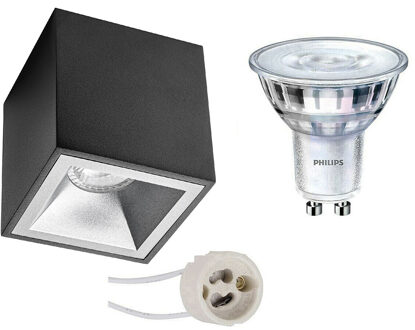 Opbouwspot Set - Pragmi Cliron Pro - Gu10 Fitting - Opbouw Vierkant - Mat Zwart/zilver - Verdiept - 90mm - Philips