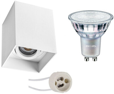 Opbouwspot Set - Pragmi Luxina Pro - GU10 Fitting - Opbouw Vierkant - Mat Wit - Verdiept - Kantelbaar - 90mm - Philips