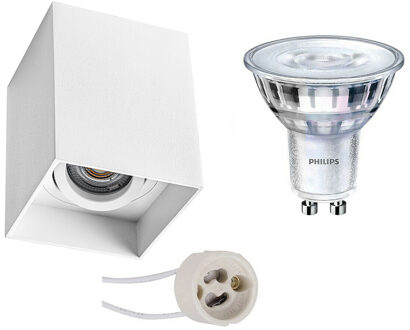 Opbouwspot Set - Pragmi Luxina Pro - Gu10 Fitting - Opbouw Vierkant - Mat Wit - Verdiept - Kantelbaar - 90mm - Philips