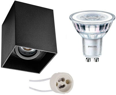 Opbouwspot Set - Pragmi Luxina Pro - GU10 Fitting - Opbouw Vierkant - Mat Zwart - Verdiept - Kantelbaar - 90mm - Philips