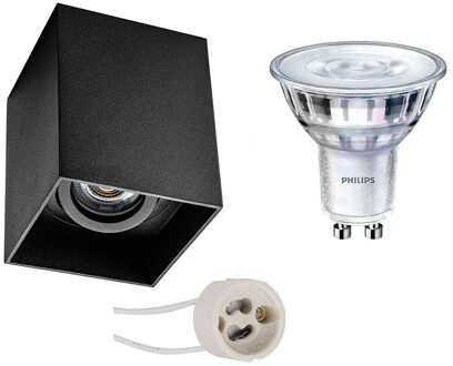 Opbouwspot Set - Pragmi Luxina Pro - Gu10 Fitting - Opbouw Vierkant - Mat Zwart - Verdiept - Kantelbaar - 90mm - Philips