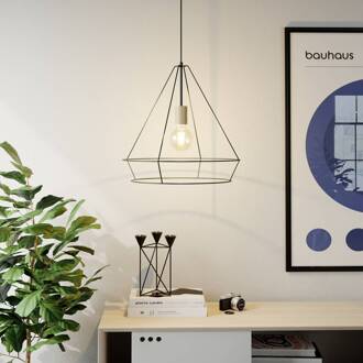 Open hanglamp met metalen kap, hoekig zwart, licht hout