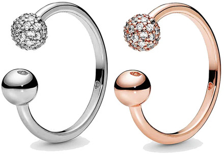 Open Polished & Pave Bead With Crystal Ring 925 Sterling Silver Ring For Women Wedding Party Gift Fine Jewelry