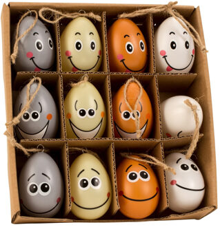 Ophang Paaseieren met lachende gezichtjes - 12x - kunststof - 4 x 6 cm - paasdecoratie