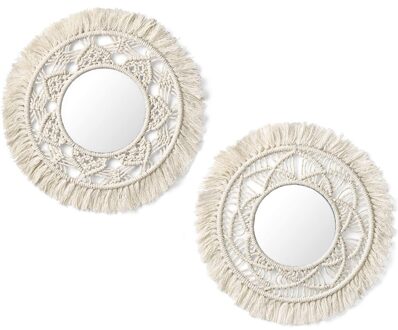 Opknoping Muur Spiegel Met Macrame Fringe 2 Set Kleine Ronde Decoratie Boho Antieke Spiegel Frame Voor Appartement Woonkamer