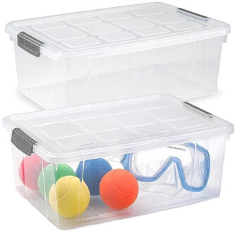 Opslag/opberg bak/box met deksel - 2x - kunststof - 37 x 26 x 14 cm - transparant - 9 liter