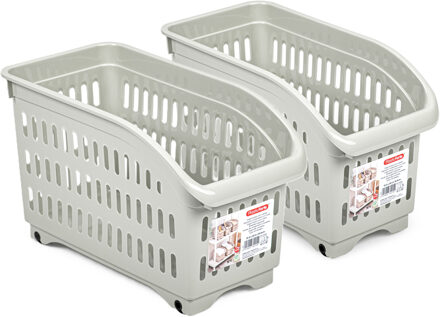 Opslag/opberg trolley container - 2x - beige - op wieltjes - L30 x B15 x H18 cm - kunststof