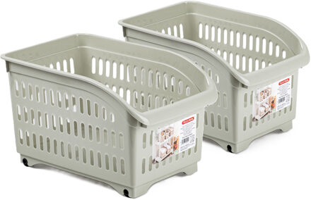 Opslag/opberg trolley container - 2x - beige - op wieltjes - L30 x B18 x H19 cm - kunststof