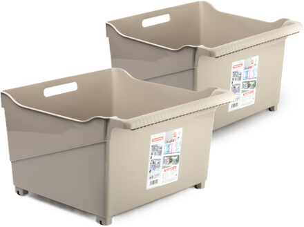 Opslag/opberg trolley container - 2x - beige - op wieltjes - L39 x B38 x H26 cm - kunststof