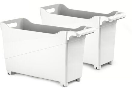 Opslag/opberg trolley container - 2x - ivoor wit - op wieltjes - L45 x B17 x H29 cm - kunststof