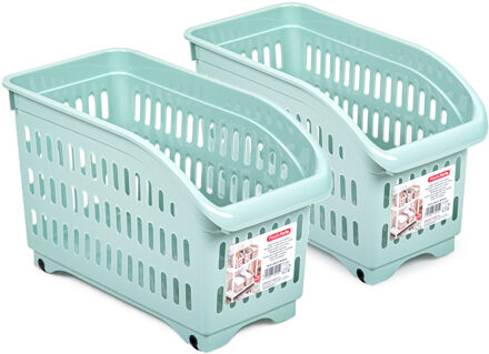 Opslag/opberg trolley container - 2x - mintgroen - op wieltjes - L30 x B15 x H18 cm - kunststof