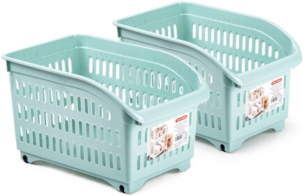 Opslag/opberg trolley container - 2x - mintgroen - op wieltjes - L30 x B18 x H19 cm - kunststof