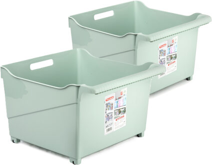 Opslag/opberg trolley container - 2x - mintgroen - op wieltjes - L39 x B38 x H26 cm - kunststof