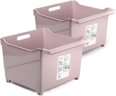 Opslag/opberg trolley container - 2x - roze - op wieltjes - L39 x B38 x H26 cm - kunststof
