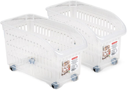 Opslag/opberg trolley container - 2x - transparant - op wieltjes - L30 x B15 x H18 cm - kunststof