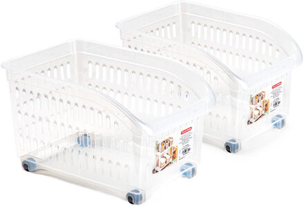Opslag/opberg trolley container - 2x - transparant - op wieltjes - L30 x B18 x H19 cm - kunststof