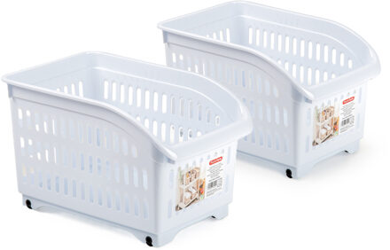 Opslag/opberg trolley container - 2x - wit - op wieltjes - L30 x B18 x H19 cm - kunststof