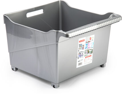 Opslag/opberg trolley container - zilver - op wieltjes - L39 x B38 x H26 cm - kunststof