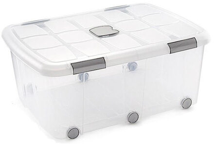 Opslagbak/box met deksel - 1x - 100L - 80 x 60 x 33 cm - transparant - met wielen