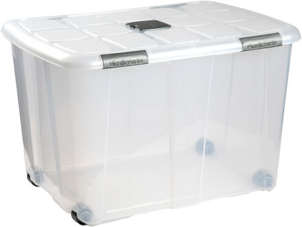 Opslagbak/box met deksel - 1x - 130L - 74 x 54 x 48 cm - transparant - met wielen