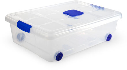 Opslagbak/box met deksel - 1x - 31L - 62 x 45 x 18 cm - transparant - met wielen