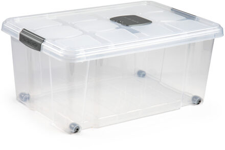 Opslagbak/box met deksel - 1x - 36L - 59 x 40 x 25 cm - transparant - met wielen